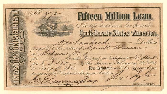 $100 Confederate States of America Bond - Criswell 139, Ball 284